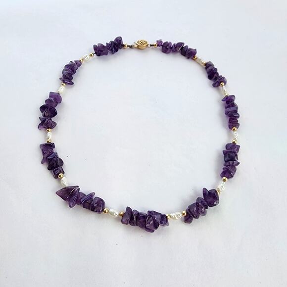 Handmade Artisan Necklace Genuine Amethyst, Pearl 14K Gold Filled February Stone - Picture 2 of 7